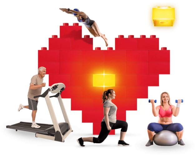 Group Of People Working Out In Front Of A Block Shaped Heart.